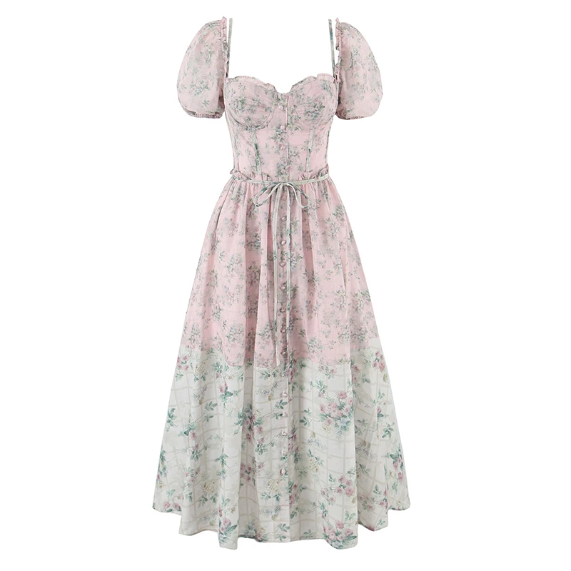 YENKYE Vintage Bloemenprint Boho Jurk Vrouwen Vintage Bladerdeeg Mouw Sjerpen A-lijn Midi Vakantie Zomer Jurken Party Gewaad