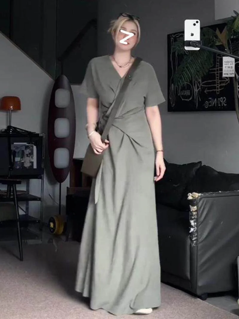 plus Size Women's V-Neck Short Sleeve Crossed Belted Slimming Long Dress Korean Style Commute A-Line Skirt Casual Summer Dress