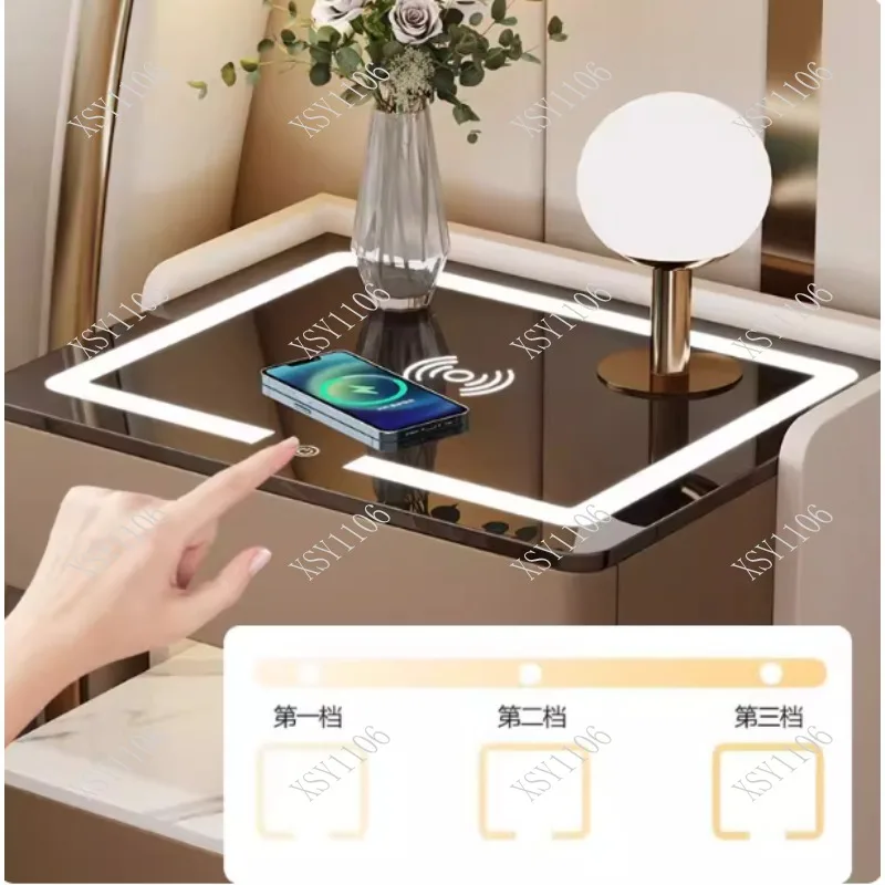 Multifunctional Smart Bedside Cabinet with USB Charging Light Luxury Solid Wood Bedroom Storage