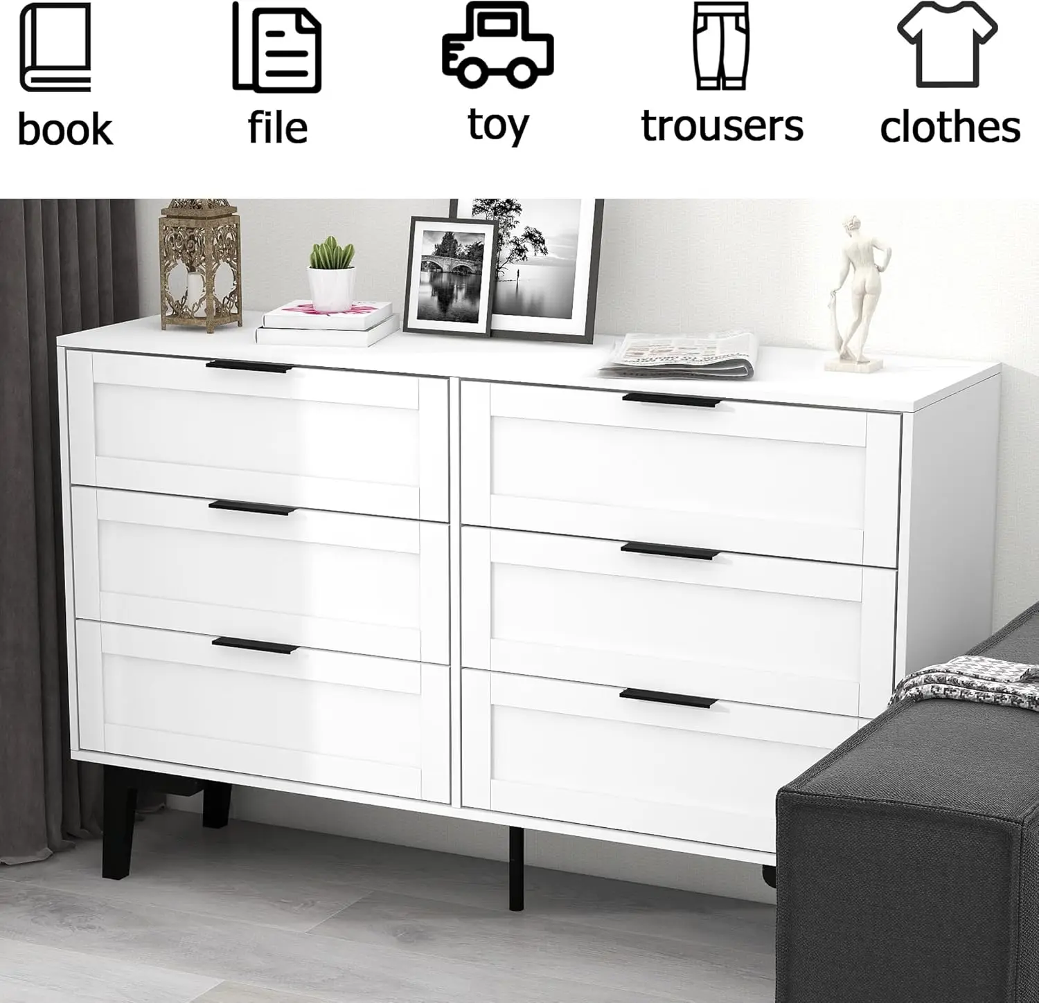 6 Drawer Dresser for Bedroom Modern White Chest of Drawers for Nursery Wood Dresser for Kids Horizontal Dressers & Chests of Dra