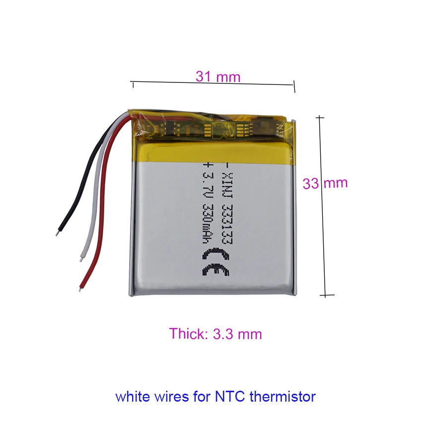 2 pcs 3.7V 330 mAh 1.221Wh Thermistor NTC 3-Wires Rechargeale Li-Polymer Li Lithium Battery 333133 For GPS DashCam Car Camera