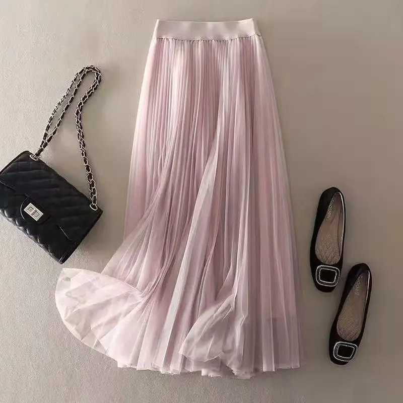 Summer Solid Color Pleated Mesh Skirt Women Classic High Waisted Shirring Slim Temperament Casual Korean Lady Midi Skirt