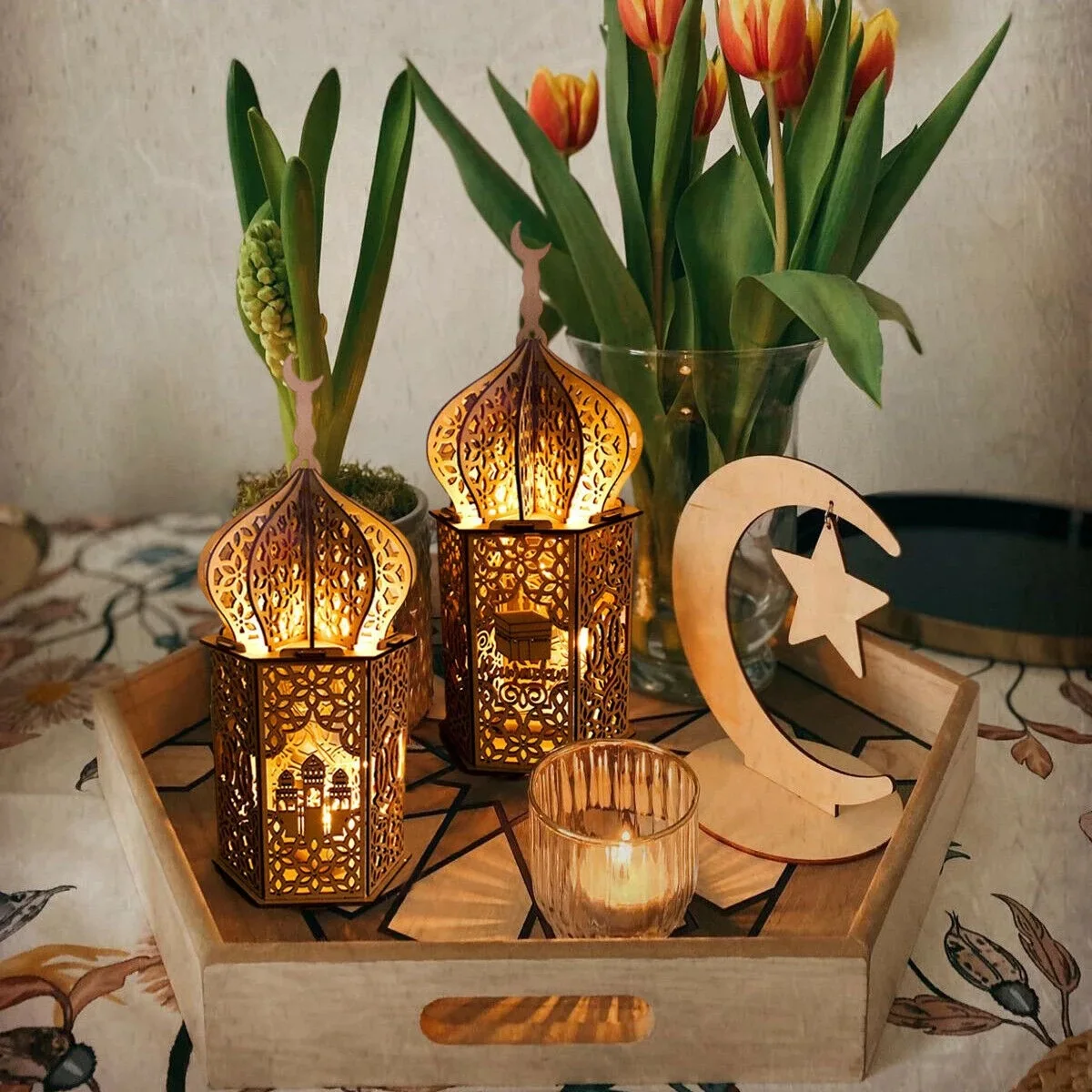 Ramadan Wind Lanterns Lighting Eid Mubarak Decorations For Home Led Candles Tea Light 2024 Islamic Muslim Party Hanging Ornament