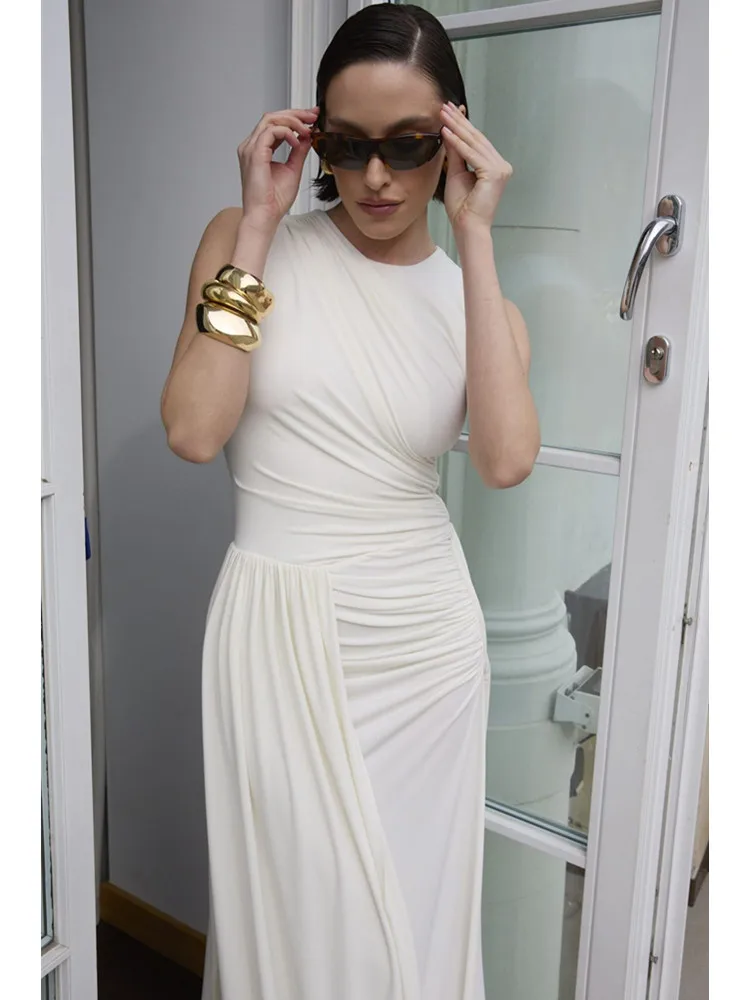 Women Celebrity Sexy O Neck Ruched White Summer Maxi Long Gowns Dress 2025 Elegant Evening Party Club Vestido