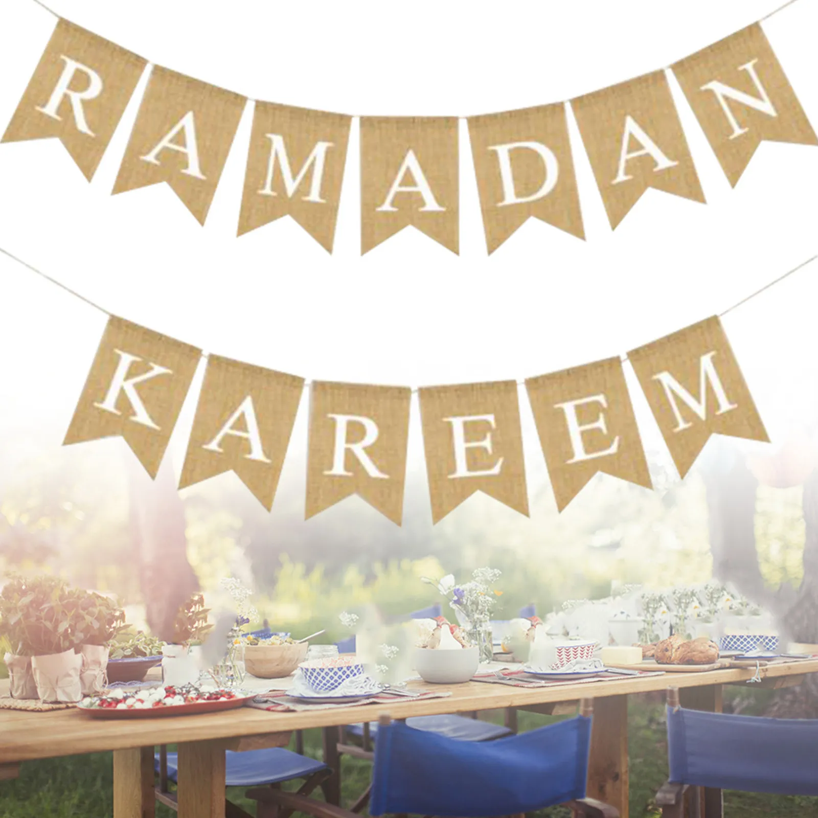 Ramadan Burlap Banner – Eid Celebration Decoration Flag, Rustic Natural Theme Party Bunting for Table Mantel Fireplace - view 2