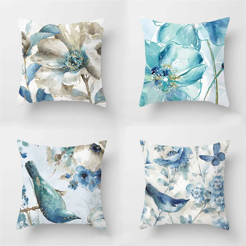 

4pcs of lot Car Sofa Cushion Pillow Pillowcase Square Pillow Pillowcase Blue Flower Printing Decoration Home Seat Pillowcase