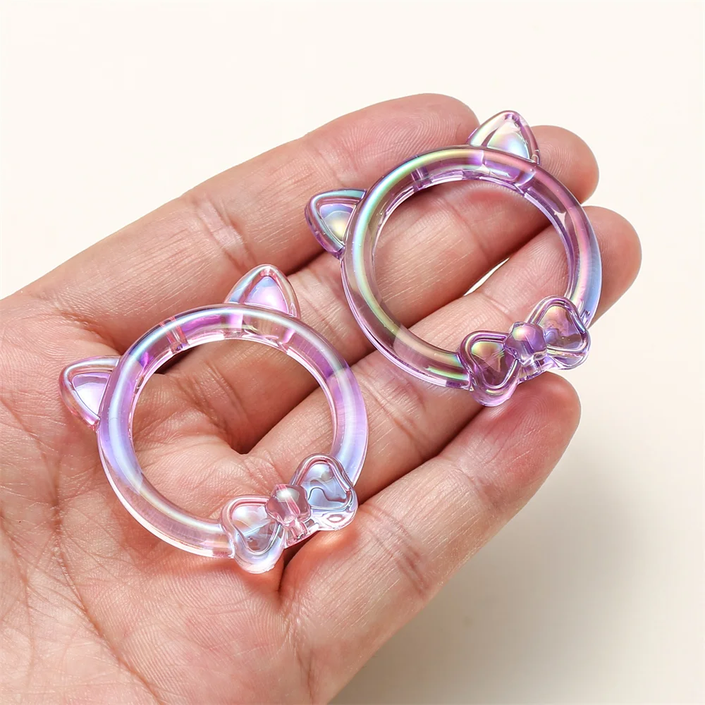 5 Stück/Packung 40mm Harz-Katzenohr-Schleifenperlen mit vertikalem Loch, bunte transparente Ringanhänger für DIY-Halsketten- und Armbandherstellung – Detail 2