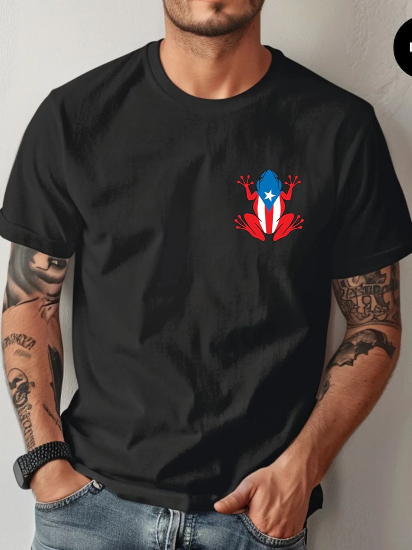 1 pcs, 100% Cotton, Puerto Rican Frog with Flag Pattern Monogrammed T-Shirt, Seasonal Casual New Wave Men's T-Shirt