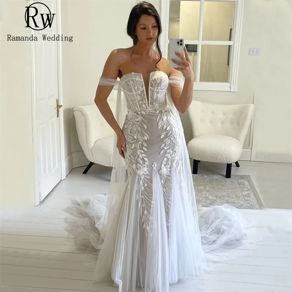 Ramanda Off Shoulder Lace Appliques Sparkly Tulle Mermaid Wedding Dress for Women Sweetheart Backless Sweep Train Brides Gown