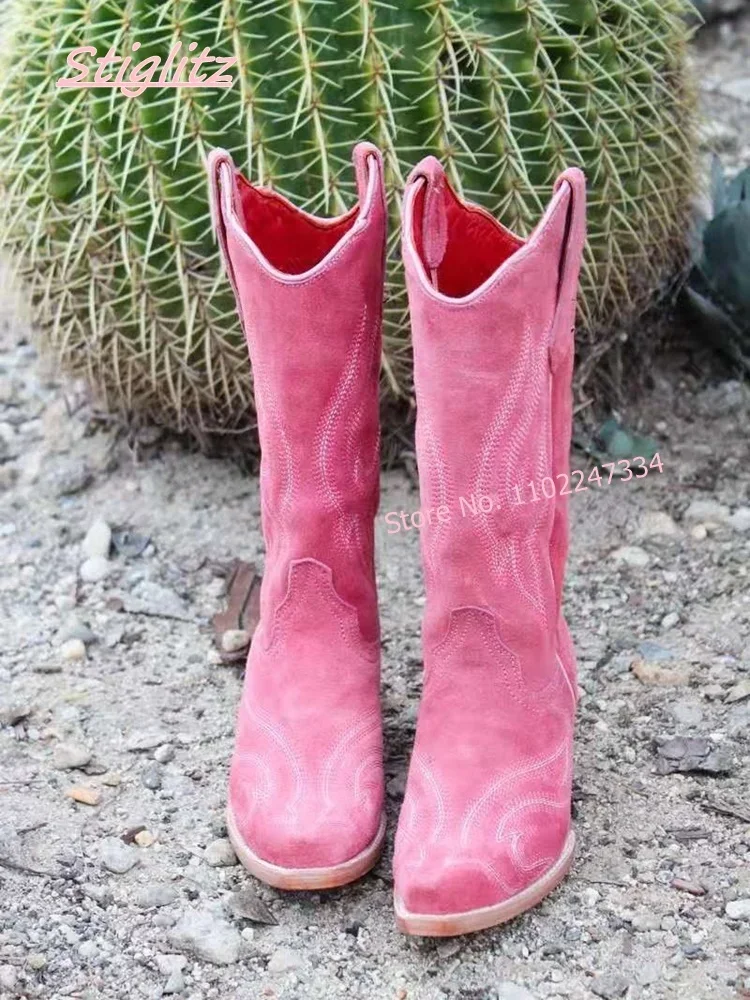 Pink Embroidered Cowboy Boots Solid Round Toe Footwear Flack Suede Mid-calf Boots 2025 Autumn Women\'s Low Chunky Heel Shoes
