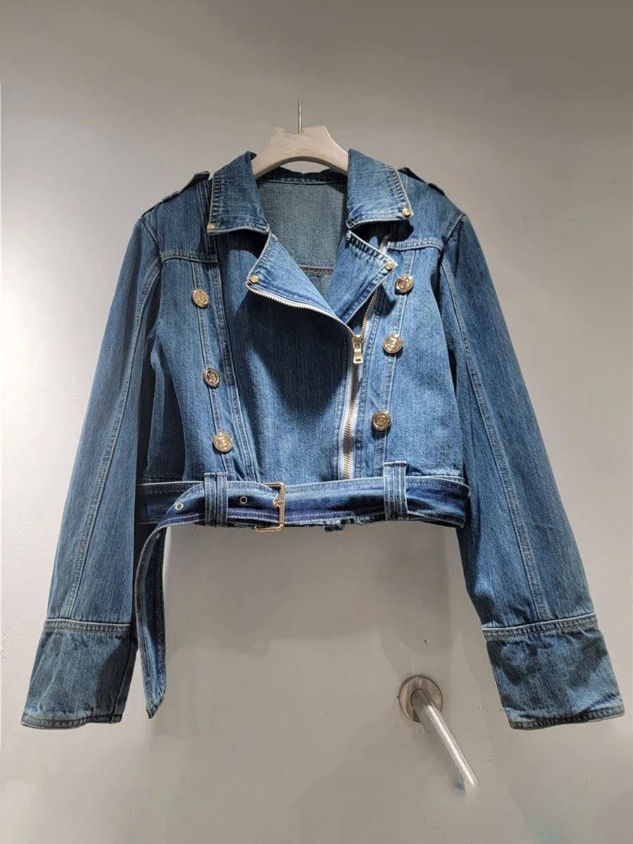 GALCAUR Solid Slimming Spliced Double Buttons Jackets for Women Lapel Long Sleeves Patchwork Belt Fashion Coat Female New Style