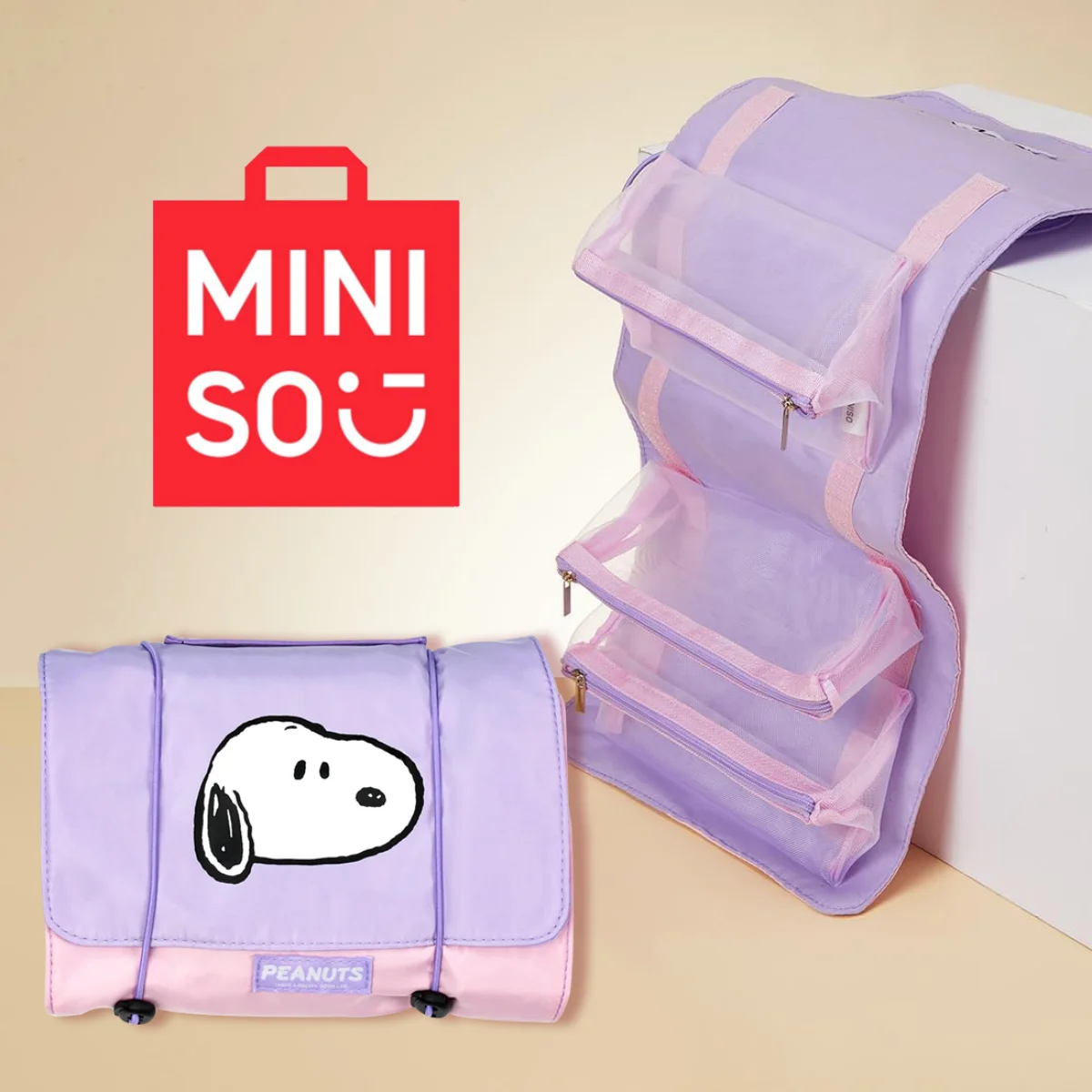 MINISO 스누피 컬러풀 라이프 시리즈 접이식 메이크업 가방 메이크업 보관 가방 여성용 화장실 가방 여행용 지퍼 보관 가방
