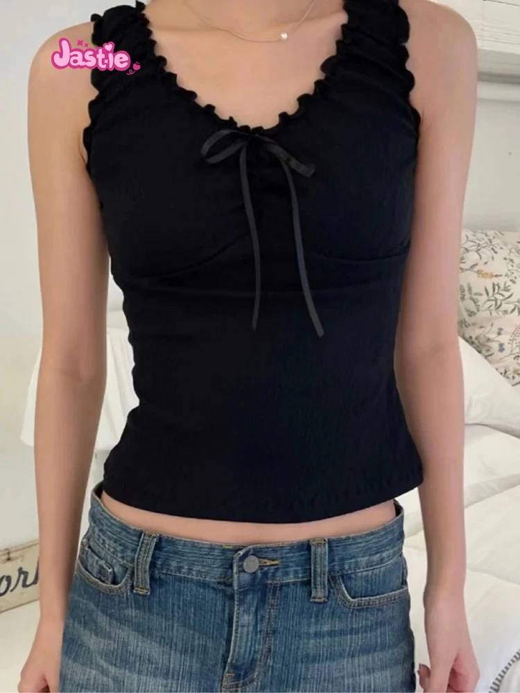 Vintage Ruffles V Neck Tank Tops Women Summer Retro Solid Sleeveless Slim Y2k Crop Top Female Sweet Cute Cotton Bow Vests 2024