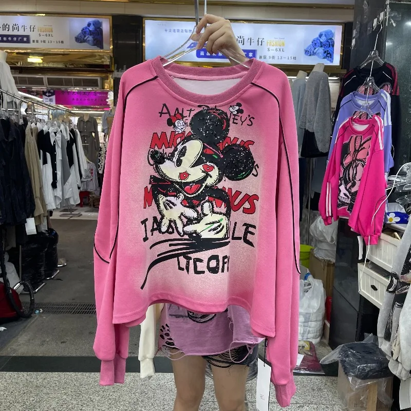 2025 Autumn New Heavy Beaded Cartoon Crew Neck Y2k Sweatshirt Ladies Loose Casual Long-sleeves O-neck Top Hoodies Jacket Female