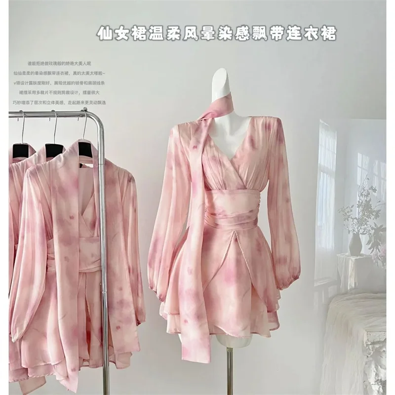 고품질 섬세한 쉬폰 뷰티 여름 신상 페어리 허리 조절 부드러운 블렌딩 리본 드레스 플로럴 스커트 고귀한 여성스러운 스윗룩