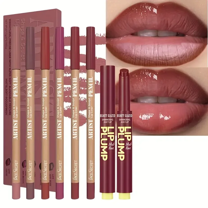 6pcs Dark Brown Lip Liner with 1pc Lip Oil Lipstick Set, Moisturizing Solid Lip Gloss Jelly Lipstick,Makeup Gift Set for Women