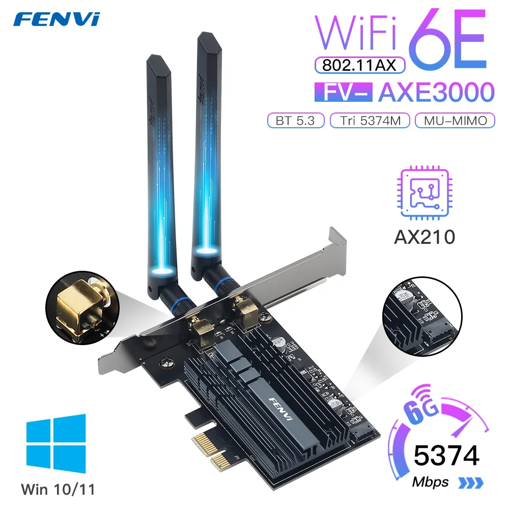 Fenvi 5374Mbps WiFi 6E for Intel AX210 PCIe Wireless WiFi Adapter 2.4G/5G/6Ghz 802.11AX For Bluetooth 5.3 AX200 WiFi 6 Card PC