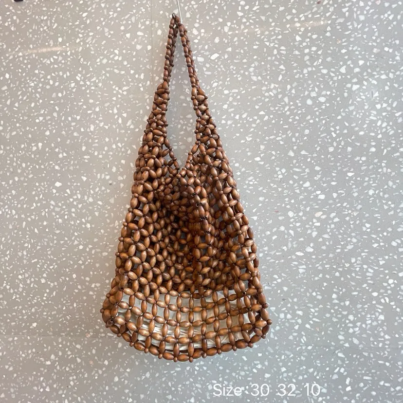 

2025 Handmade Wooden Bead Woven Handbag Vintage Double Bamboo Handle Hollow Bucket Bag,Large Capacity Commuting Women Cluth