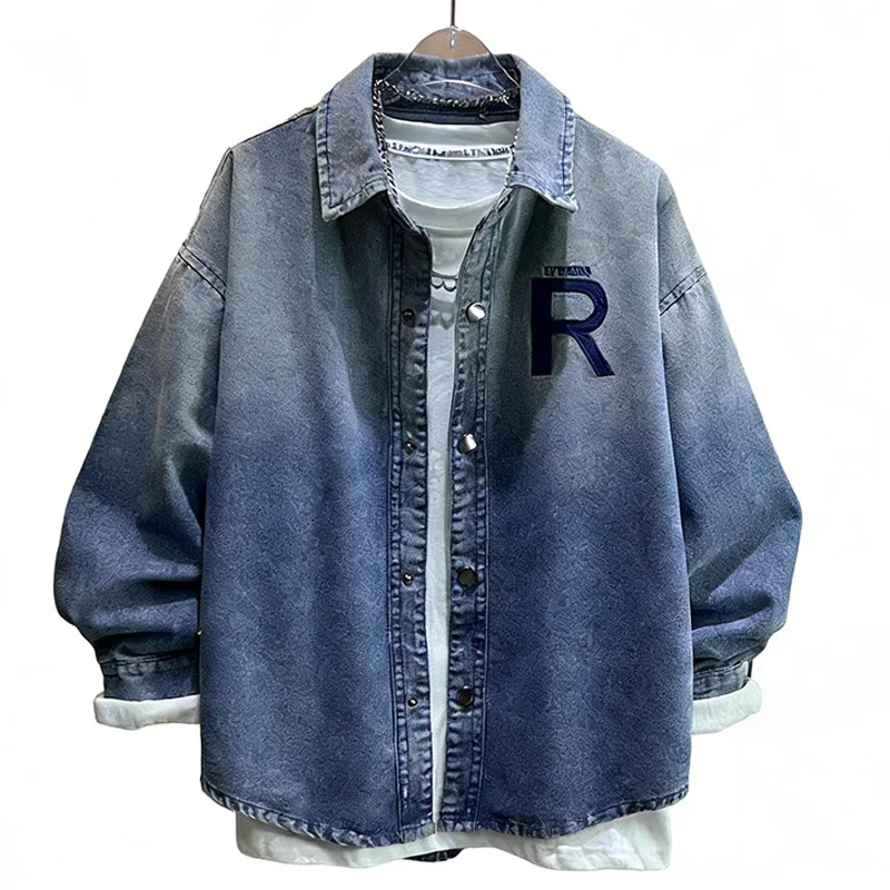 

2025 New Spring Autumn Boys Girls Denim Shirt Gradient Letter R Embroidery Loose Oversized Casual Kids Outerwear for 4-12Y