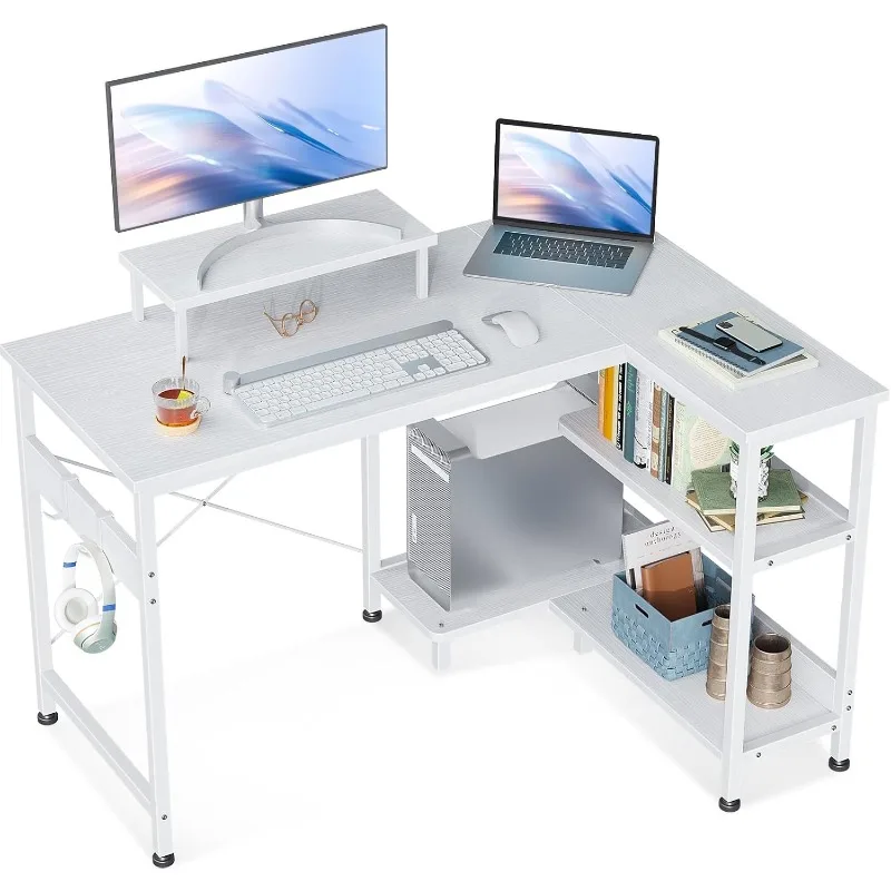

40 Inch Small L Shaped Computer Desk with Reversible Storage Shelves, L-Shaped Corner Desk with Monitor Stand for Small