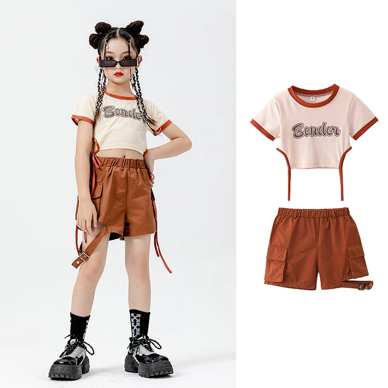 

Одежда в стиле хип-хоп для девочек, костюм для джазовых танцев в стиле K-POP, детская одежда для чарлидинга, костюм для выступлений и уличных танцев, короткие топы и шорты YS5052