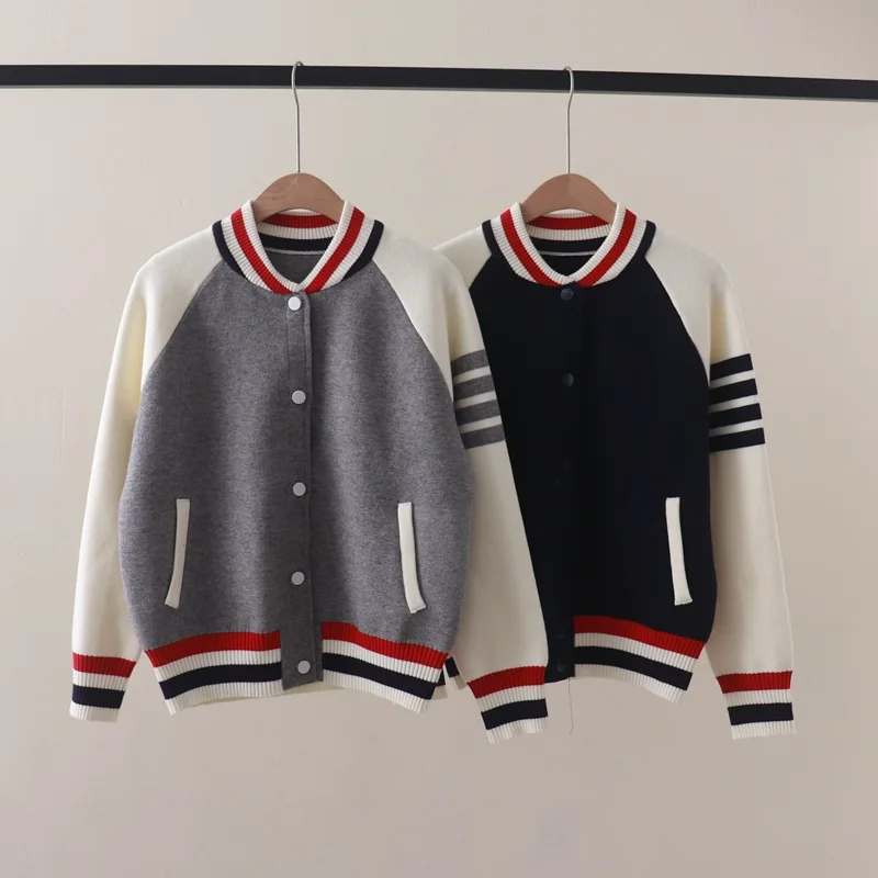 Autumn and Winter New Preppy StyletbContrast Color Striped Baseball Collar Long Sleeve Knitted Cardigan Sweater Coat Thick