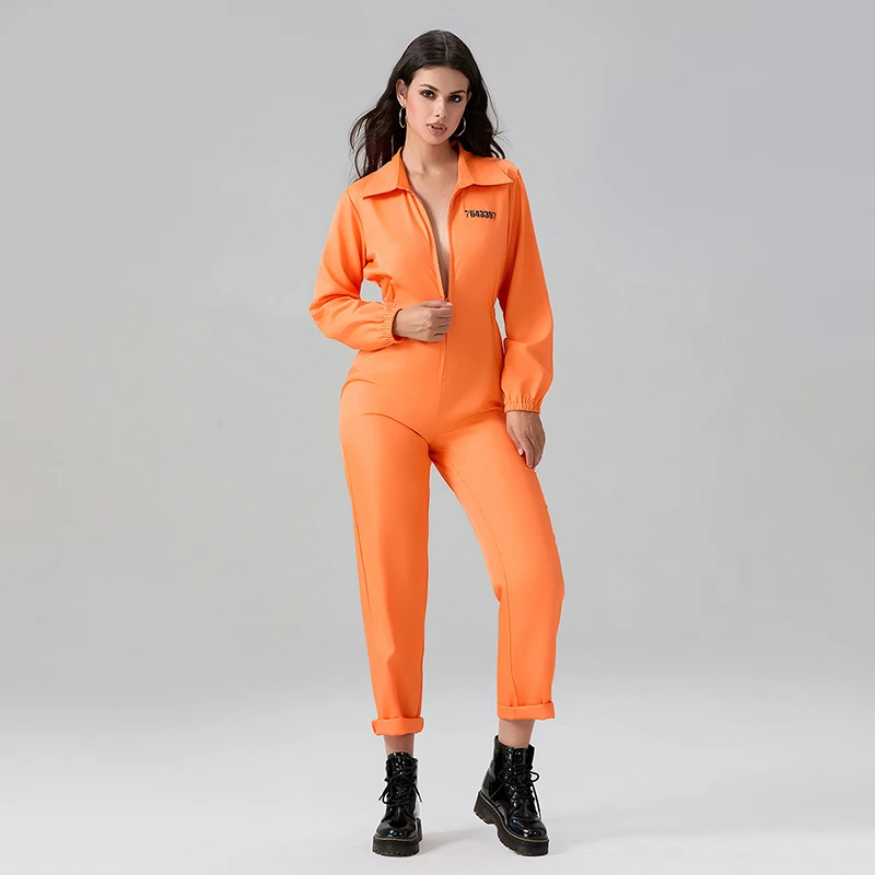 Women Man Halloween Prisoner Costume Number Print Long Sleeve Lapel Front Zipper Overalls Jumpsuit Jail Criminal Clothes