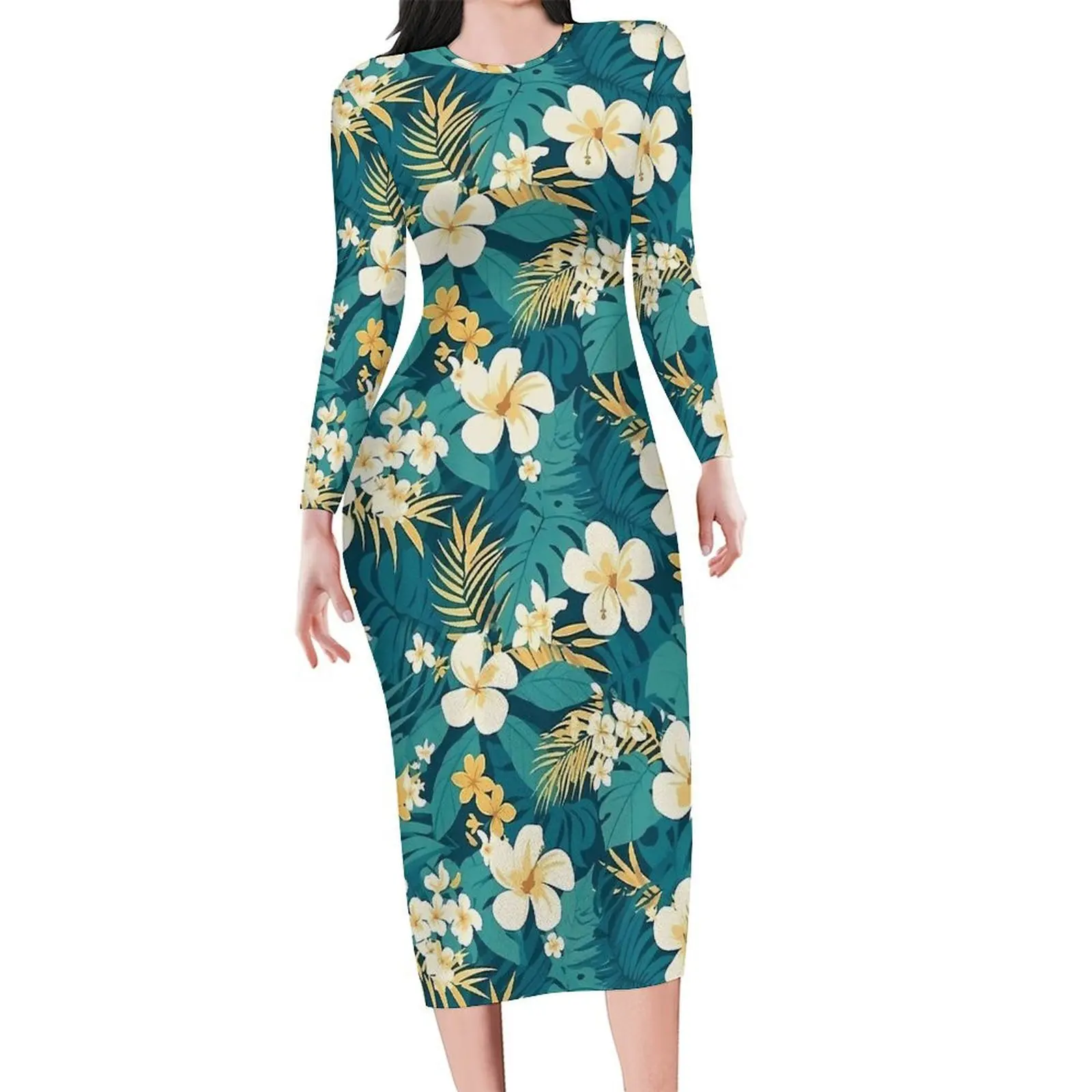 Tropical Flower Bodycon Dress Womens Green Hawaiian Motif Pretty Dresses Autumn Long Sleeve Street Fashion Graphic Dress