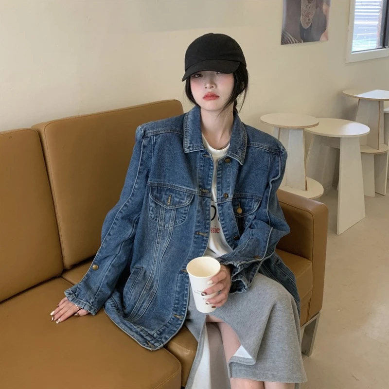 2025 nuove donne vintage unico street style spalla dritta metà lunga giacca di jeans scuro coreano allentato primavera autunno capispalla