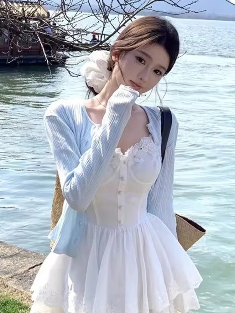 

Женский повседневный кардиган с милым бантом Y2k, укороченный топ, жилет + пальто-кардиган, элегантные комплекты из 2 предметов, женский корейский модный корсет, осень