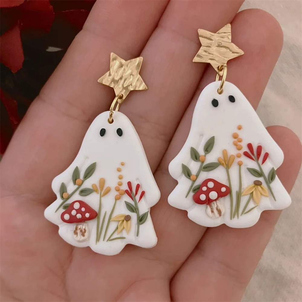 Punk Halloween Ghost Earrings Acrylic Cartoon Flower Drop Dangle Earring For Women Exquisite Polymer Clay Fashion Jewelry Gifts