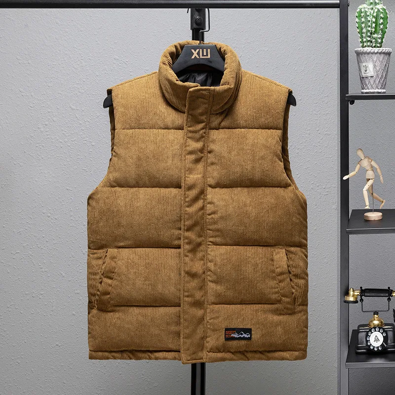 

ZOZOWANG Winter Warm Jacket Men Stuffing Cotton Down Vest for Men Thick Stand Collar Down Wasitcoat Corduroy Puffer Vest Jacket