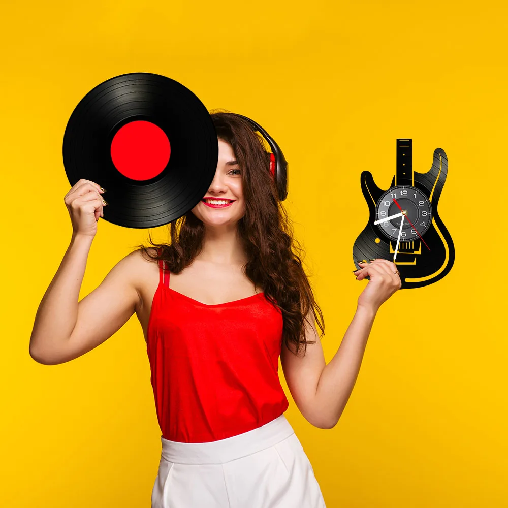 Guitar Wall Clock Guitarist Vintage Vinyl Record Wall Clock Rock n Roll Music Lover Studio Wall Art Decor Guitar Players Gift