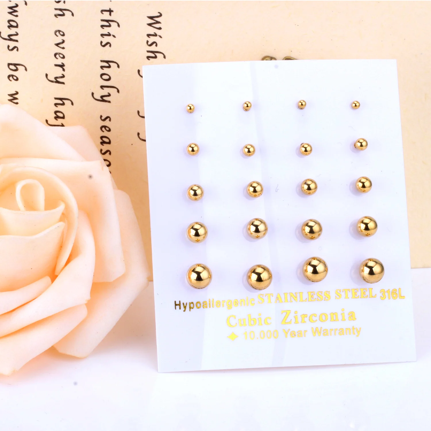 10Pair/Card Steel Ball Stud Earrings Gold Silver Plated Stainless Steel No Fading Women Men Casual Piercing Earrings Jewelry