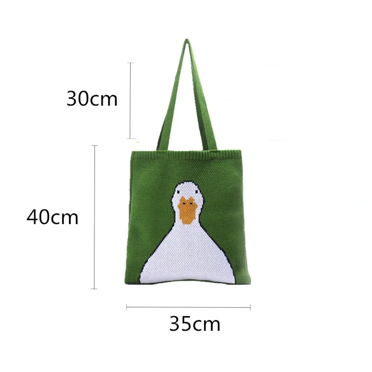 Female Cute Cartoon Duck Top-handle Tote Bag Teen Women Winter Vintage Retro Rural Anime Knitting Kawaii Stylish Green Handbag