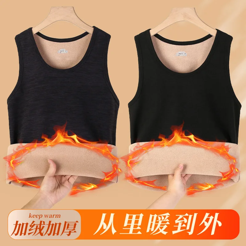Men's Warm Velvet Vest Autumn Winter Heavyweight Soft Fleece-Lined Sleeveless Top Slim Inner Wear Elastic Thermo Tank Undershirt