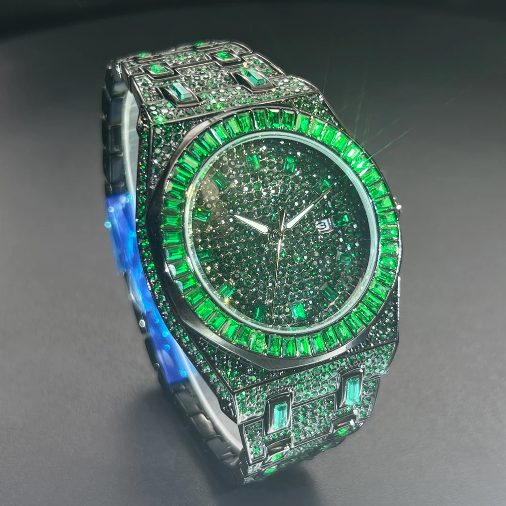 New Green Diamond Watch For Men Luxury Hip Hop Diamond Watches Unique Bling Ice Out Luminous Waterproof 2024 Wristwatch For Gift