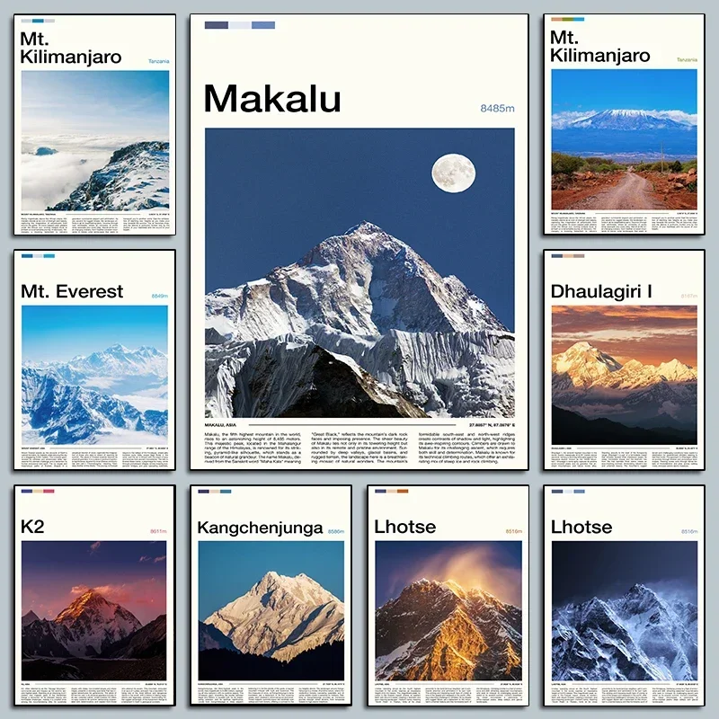 Pósteres de montañas famosas de montaje Kilimanjaro, impresiones fotográficas de Monte Everest K2, pintura en lienzo, imágenes de pared, decoración del hogar y dormitorio