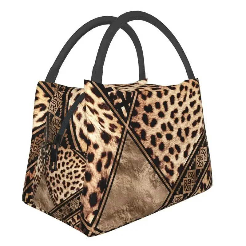 Custom Cheetah Fur With Ethnic Ornaments Printing Lunch Bags Women Cooler Thermal Insulated Lunch Box for Work Pinic or Travel