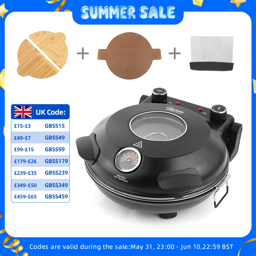 YIBAKE 12 Inch Electric Pizza Oven Indoor 1200W Glazed Ceramic Stone Cooker Two-button Precise Temperature Control Heats up 420℃