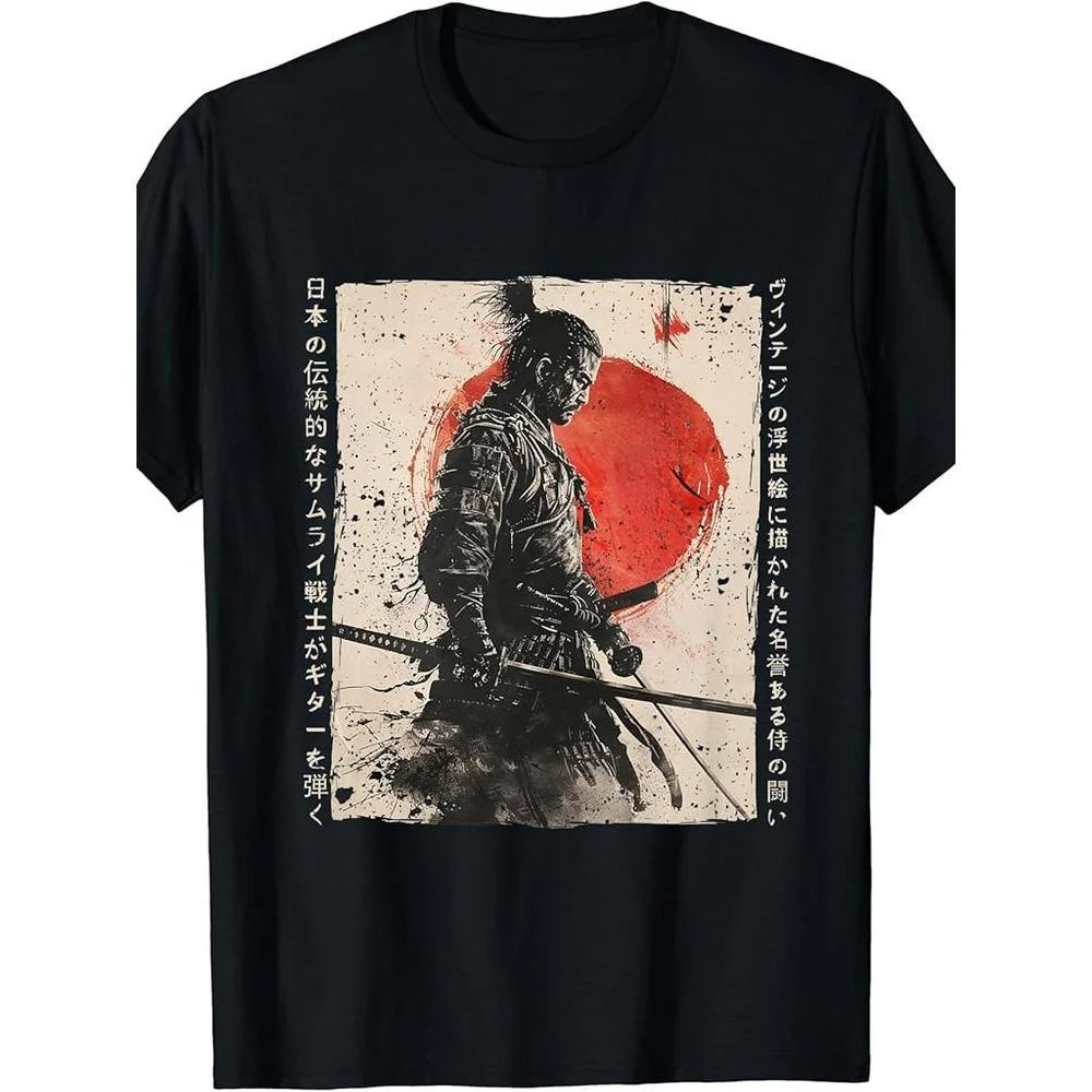 

Мужская футболка с аутентичным самурайским узором — 100% хлопок, 180 г, чернильный рисунок укиё-э с японским текстом, короткими рукавами, круглым вырезом