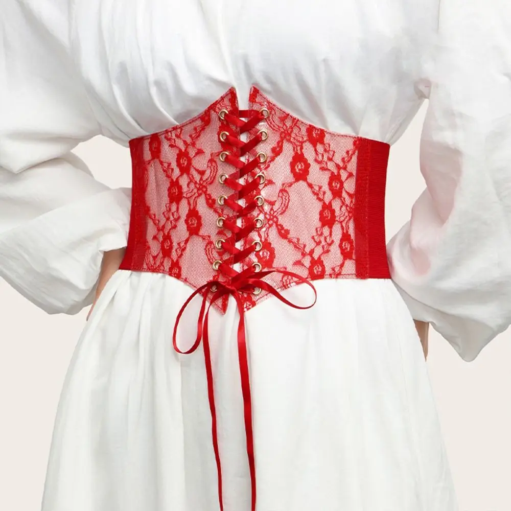 Wide Lace Corset Waist Belt PU Leather Flower Embroidery Waistband Strap Decorative Stretchy Silk Elastic Cummerbunds