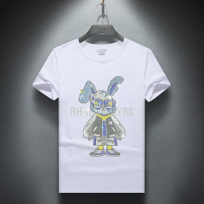 2023 Rabbit Rhinestones Cartoon T Shirts Men Fashion Streetwear High Quality Short Sleeve O Neck Slim T-shirts Man Plus Size 7XL