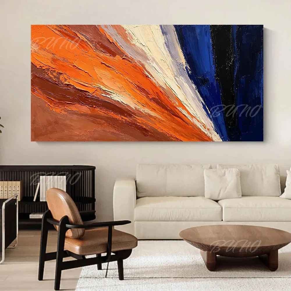 100% Hand Painted Original Abstract Oil Painting 3D Impasto Blue Orange Color Block Wall Art For Home Living Room Bedroom Decor