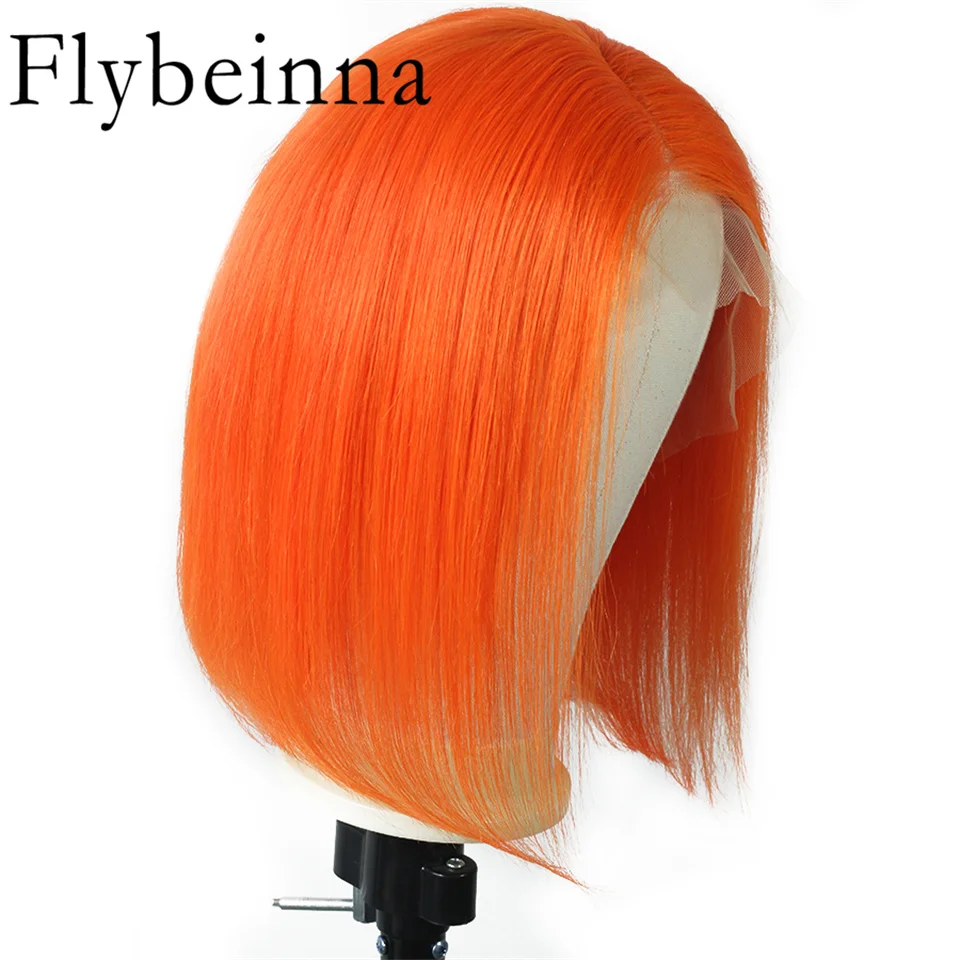 Peluca de cabello humano liso con encaje Frontal para mujer, postizo de encaje Frontal transparente, corte Bob, color naranja, 13x4, 4x4