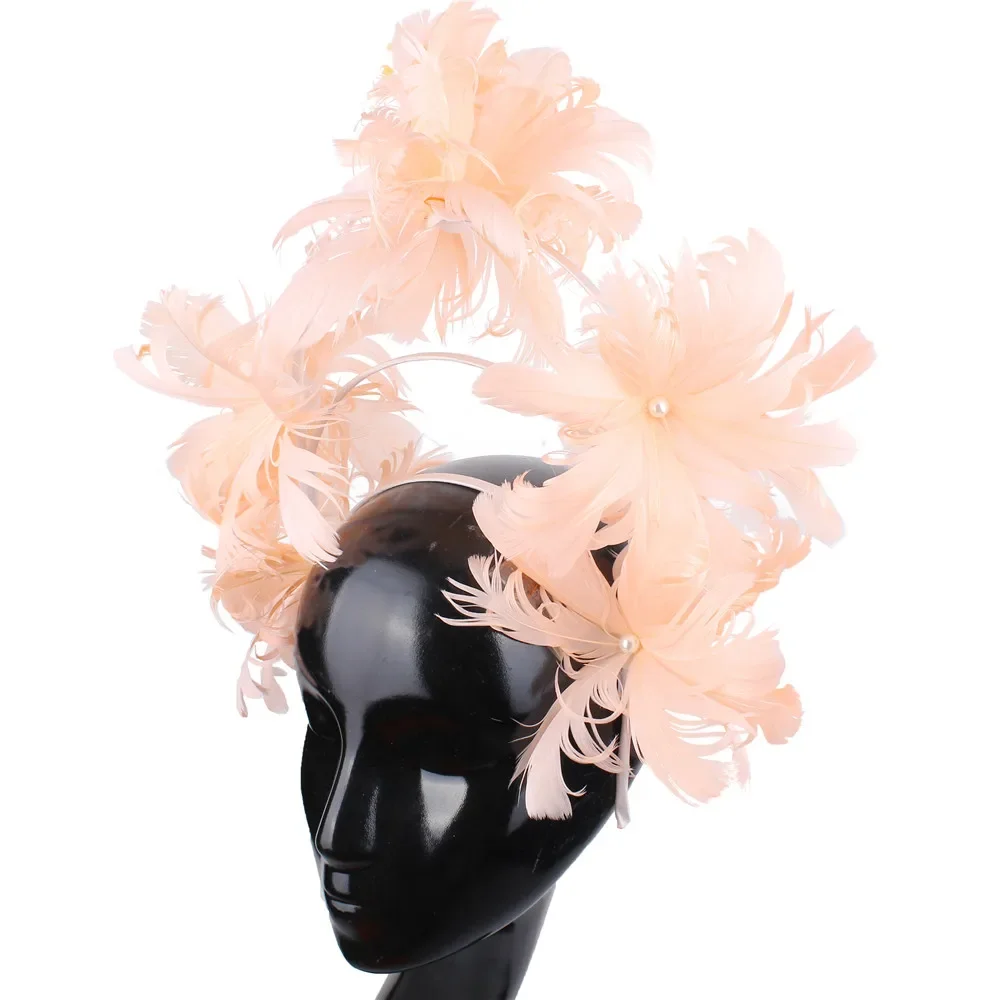 Feather Flower Women Headdress Small Top Hat Fancy Hair Hoop Imitation Pearl Hair Headpieces Millinery