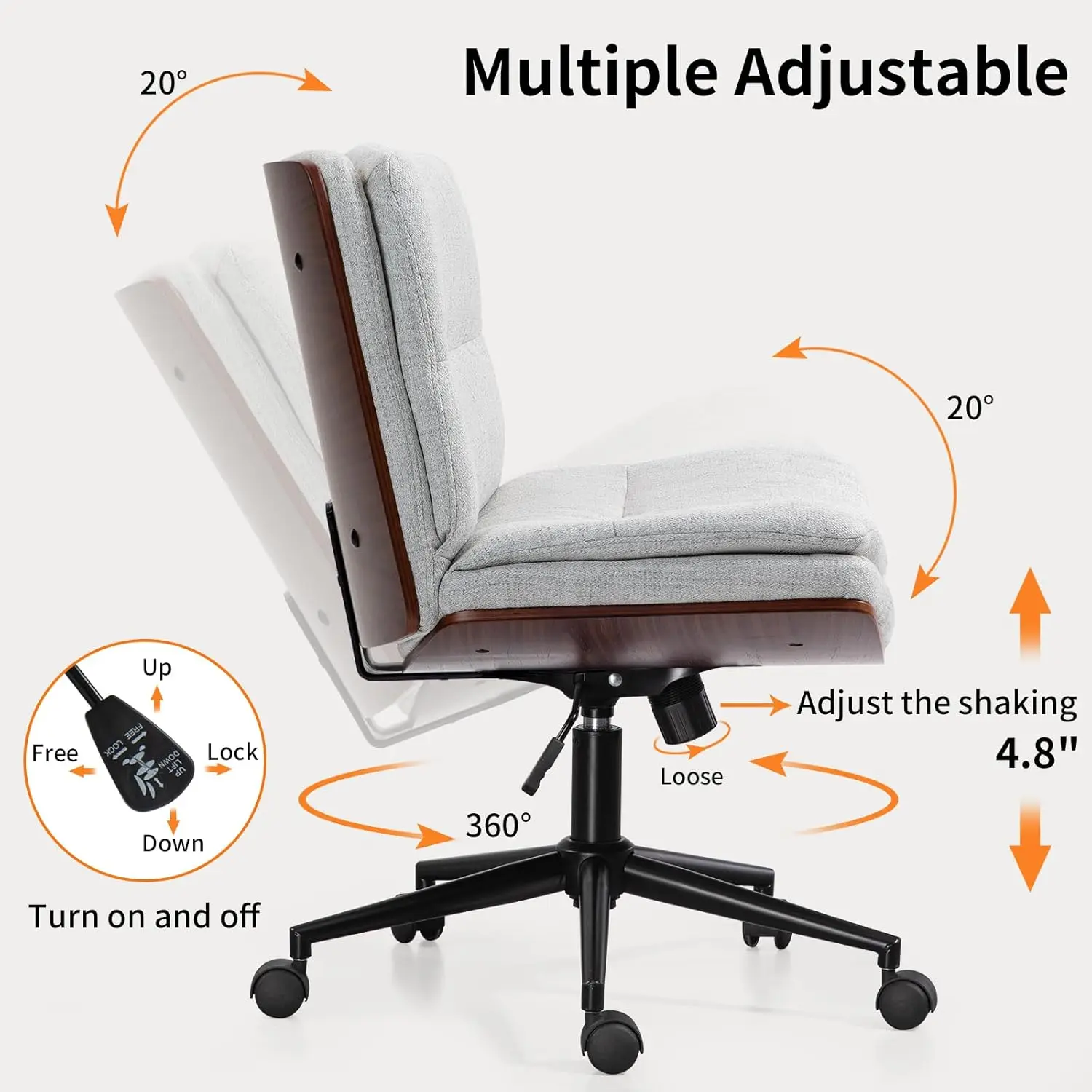 Walnut Office Desk Chair with Wheels, Adjustable Wide Swivel Task Chair, Ergonomic Cross Legged Fabric Chair for Conference Room