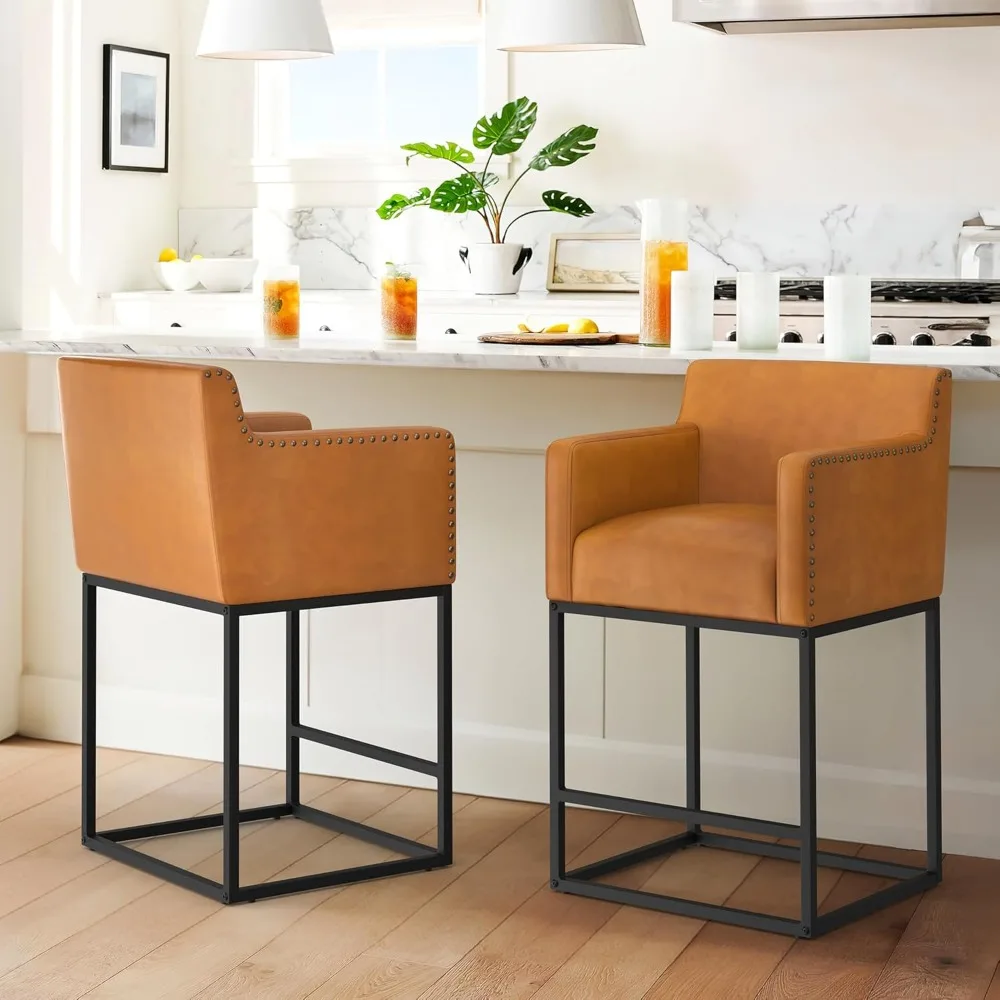 

27'' H Counter Height Bar Stools Set of 2，Modern Barstools with Open Arms, Black Metal Frames, Faux Leather Fabric Upholstered.