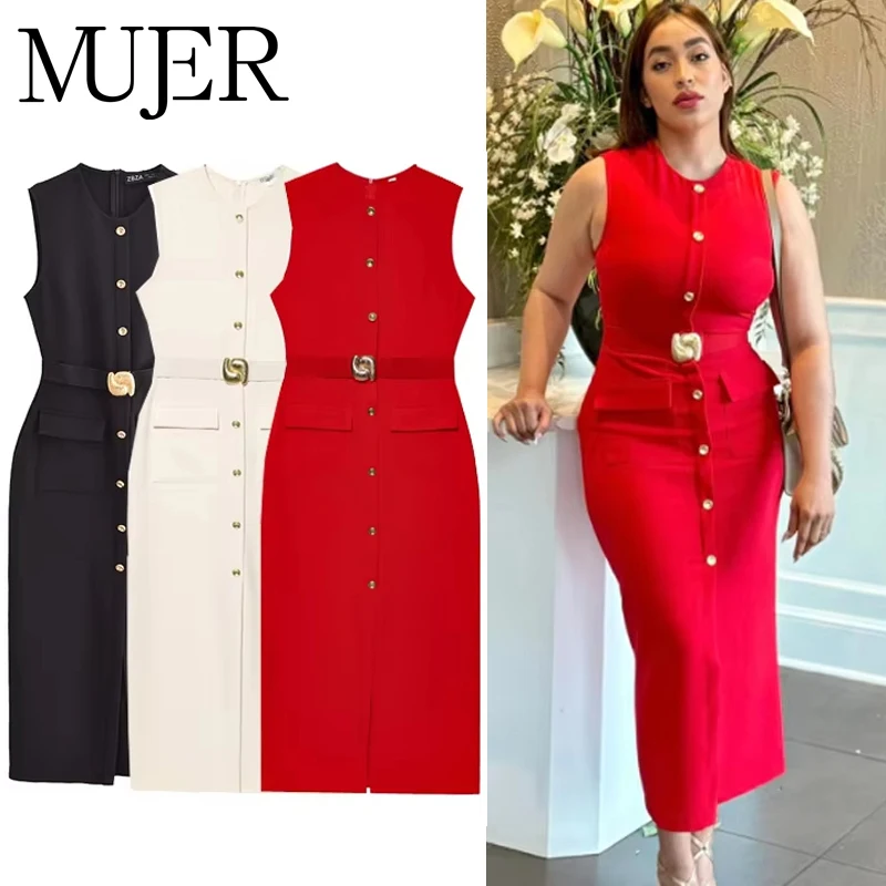 MUJER 2025 Damenkleid, Sommer, ärmellos, Midikleid, Frau, Rot, Schwarz, Büro, lange Kleider für Damen, schickes Kleid mit Gürtelknöpfen, Damen