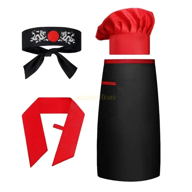 31BF Hibachi Chefs Kostümzubehör Teppanyaki Hohe Kappen Schürze mit Stirnband Krawatte für Cosplay Halloween Dressing Party